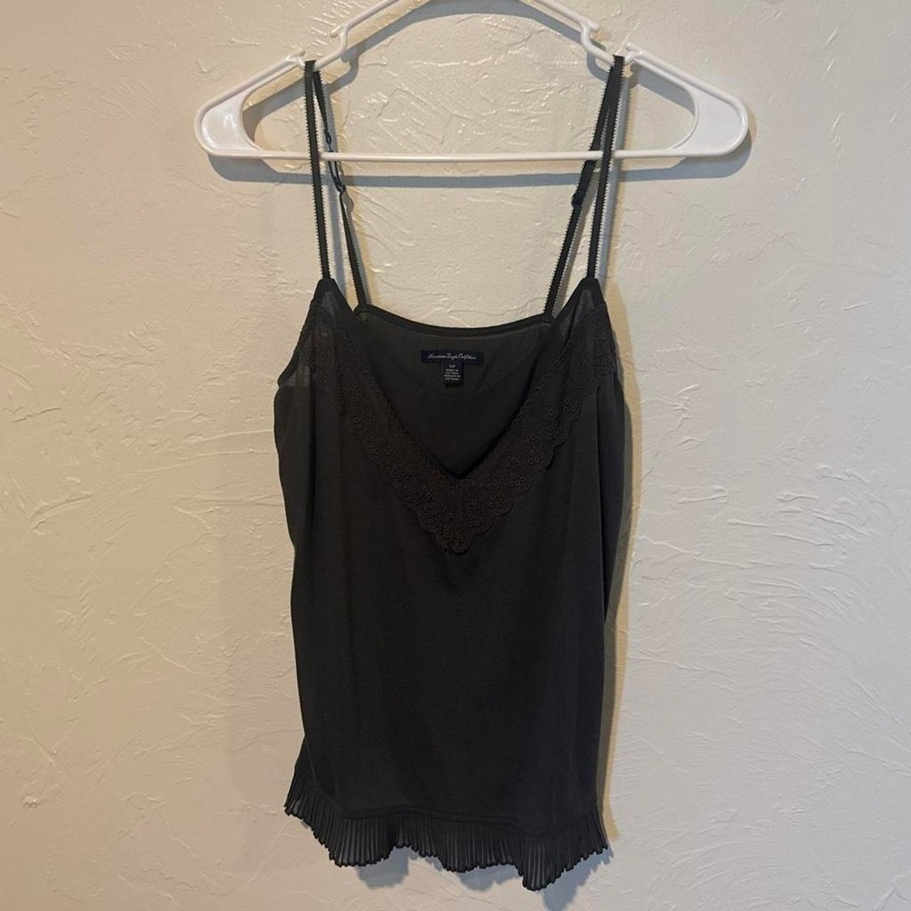 American Eagle Black Lace Trim Cami Top Pleated Hem Small